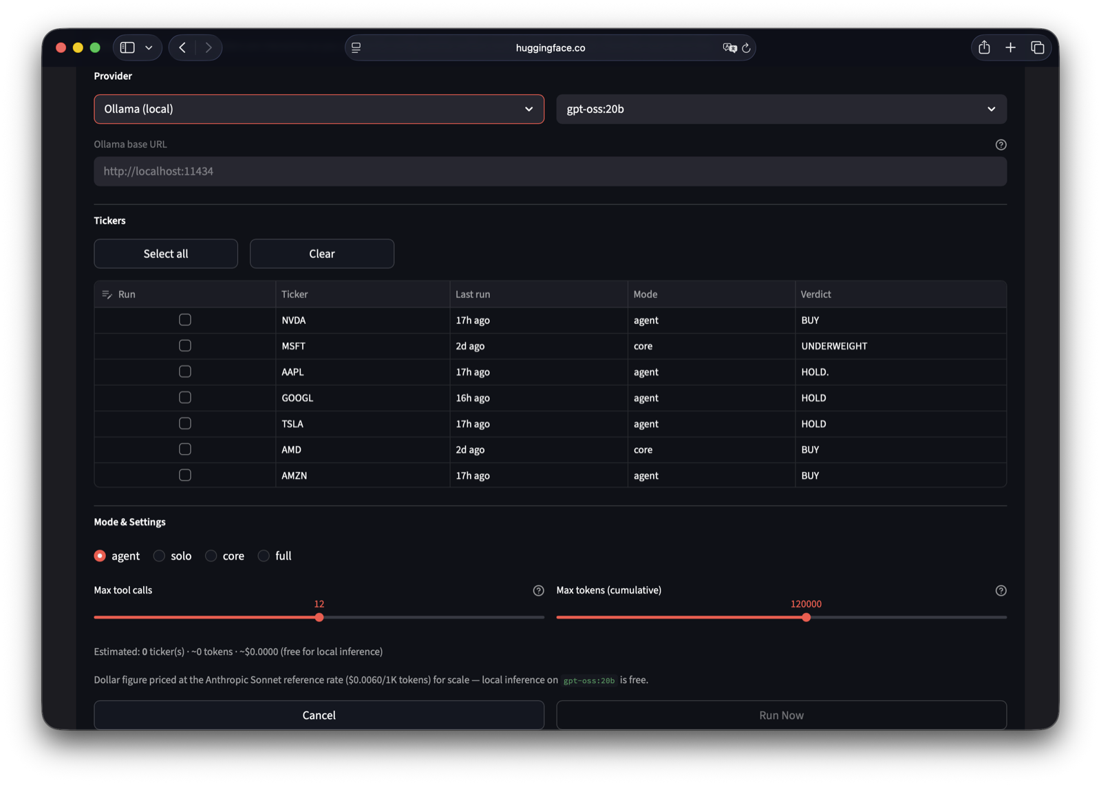 Run Modal — provider, tickers, budget controls