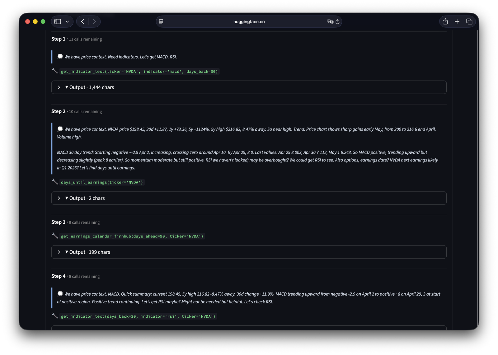 Agent Trace — step-by-step reasoning and tool calls